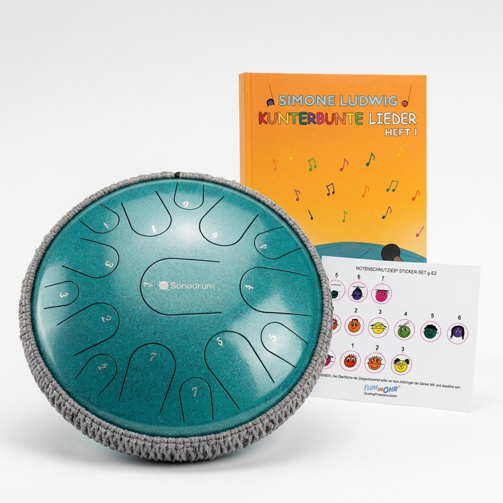 Musik-Erlebnis-Set – Premium Zungentrommel Türkis (15 Töne, C-Dur), Kunterbunte Lieder-Heft & Notenschnutzies Sticker