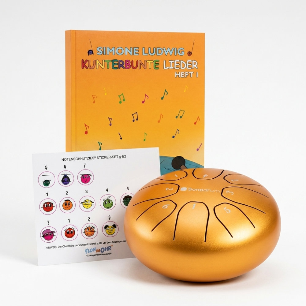 Musikfreude Starter-Set – Sonodrum Zungentrommel Gold mit Lernheft & Liederheft