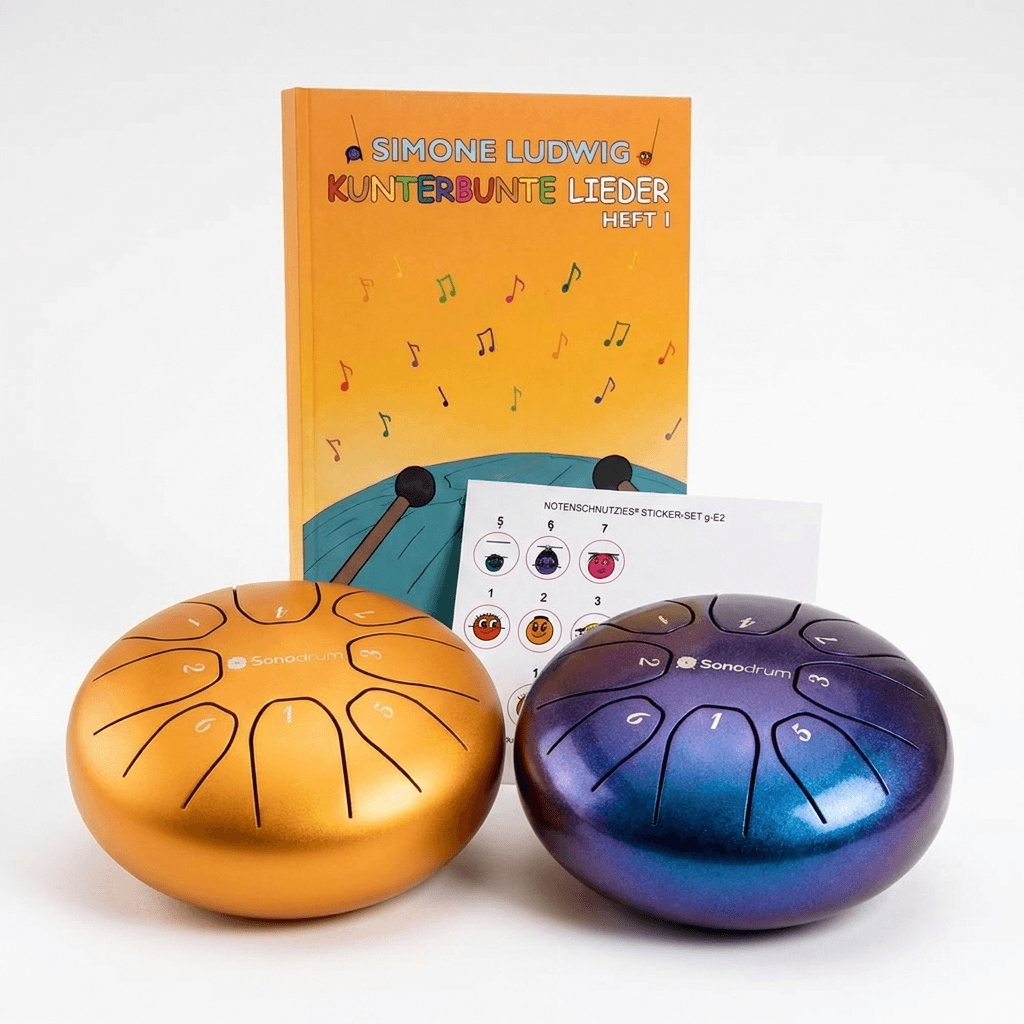 Musikfreude Starter-Set – Sonodrum Zungentrommel Gold mit Lernheft & Liederheft